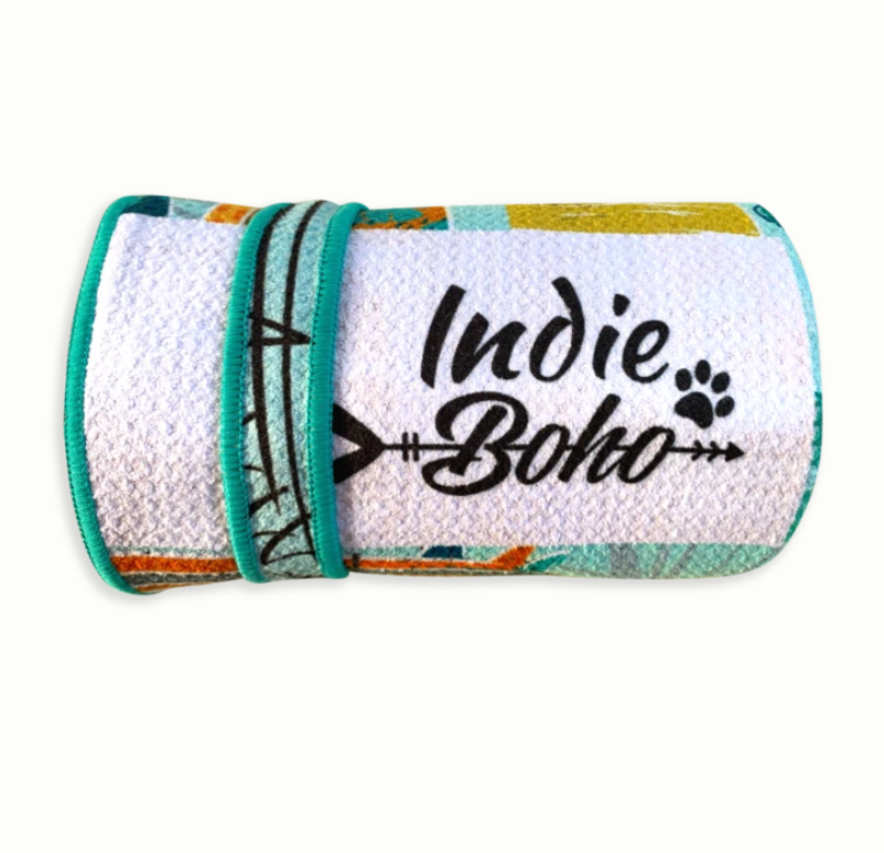 Indie Boho dog towel rolled up so small it fits in your handbag
