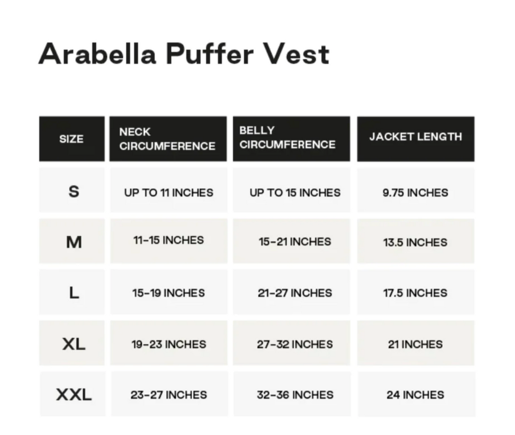 Arabella Puffer Vest dog size guide